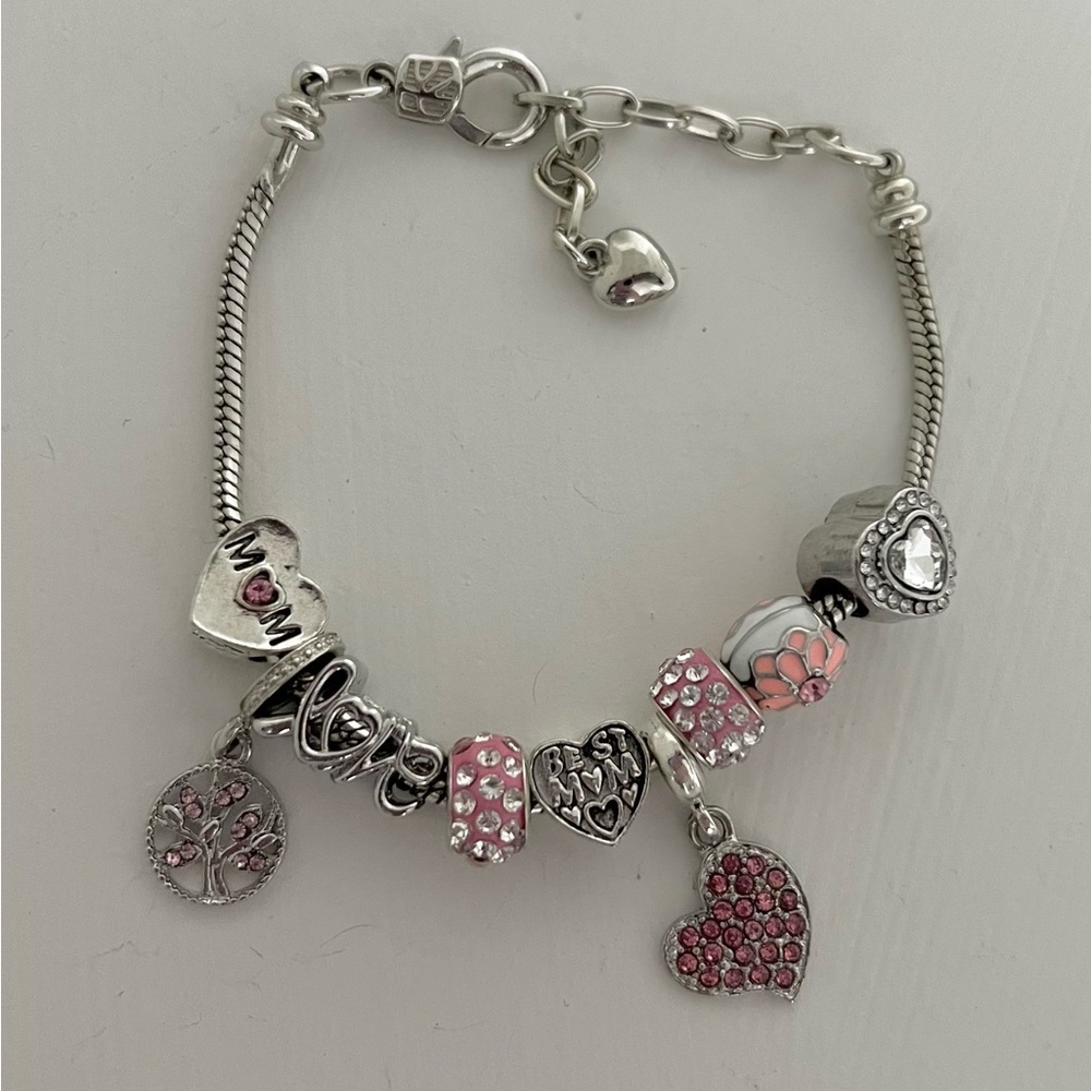 Mom Charm Bracelet Pink Silver Tone Best Mom Heart Love Gift - Picture 4 of 4